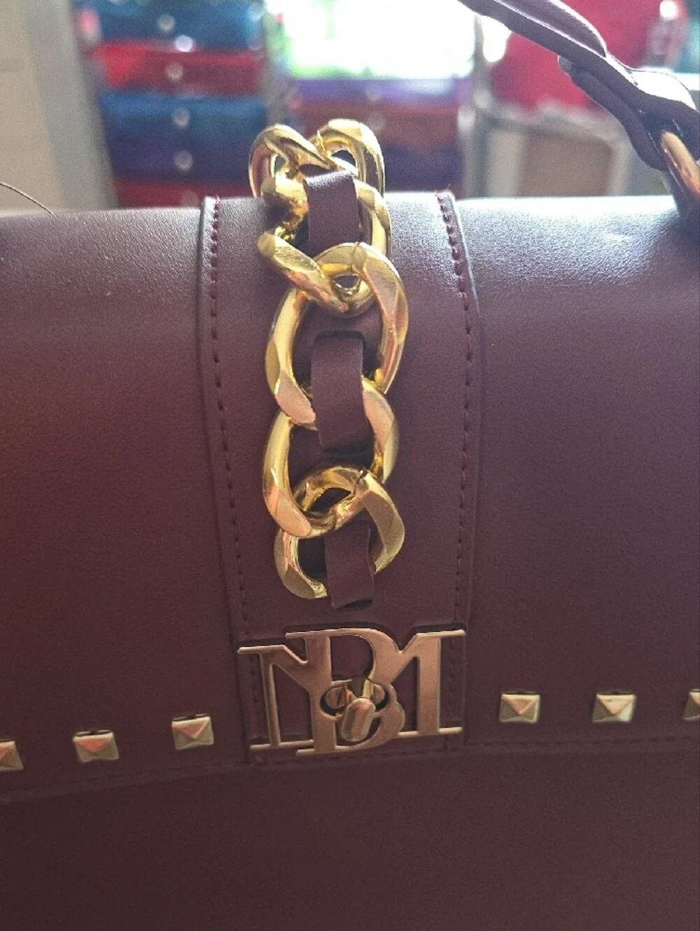 Badgley Mischka Wine Studded Top-Handle Satchel with Gold Hardware